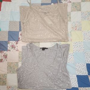 Y2K Express Beige Light Gray Lace-Pattern Tank Tops Sheer Glitter Large Dainty